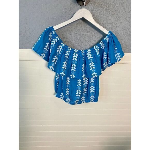Elan Blue Ruffle Top Short Sleeve Peasant Style Blouse Size Medium NWT - Picture 5 of 8